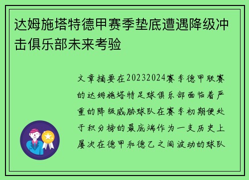 达姆施塔特德甲赛季垫底遭遇降级冲击俱乐部未来考验