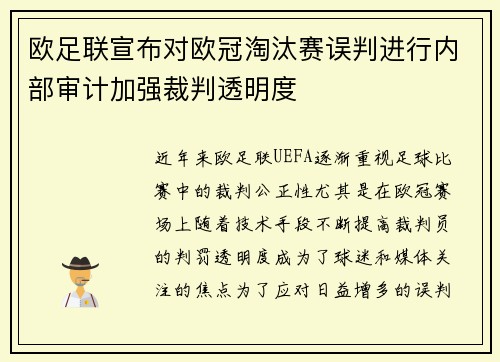 欧足联宣布对欧冠淘汰赛误判进行内部审计加强裁判透明度 欧足联宣布对欧冠淘汰赛误判进行内部审计加强裁判透明度
