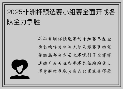 2025非洲杯预选赛小组赛全面开战各队全力争胜
